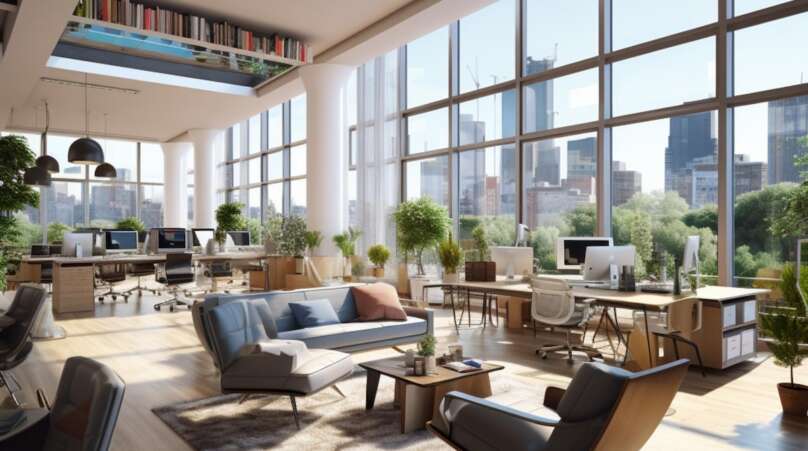 a living room filled with furniture and large windows